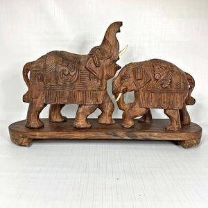 Carved Wood Elephant Sculpture Figurine Statue Trunk Up India Ornamental Dress